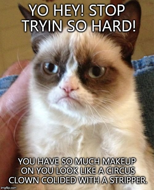 Too much makeup. | YO HEY! STOP TRYIN SO HARD! YOU HAVE SO MUCH MAKEUP ON YOU LOOK LIKE A CIRCUS CLOWN COLIDED WITH A STRIPPER. | image tagged in memes,grumpy cat | made w/ Imgflip meme maker