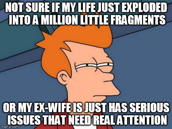 Futurama Fry | NOT SURE IF MY LIFE JUST EXPLODED INTO A MILLION LITTLE FRAGMENTS OR MY EX-WIFE IS JUST HAS SERIOUS ISSUES THAT NEED REAL ATTENTION | image tagged in memes,futurama fry | made w/ Imgflip meme maker