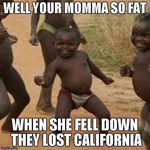 Third World Success Kid Meme | WELL YOUR MOMMA SO FAT WHEN SHE FELL DOWN THEY LOST CALIFORNIA | image tagged in memes,third world success kid | made w/ Imgflip meme maker