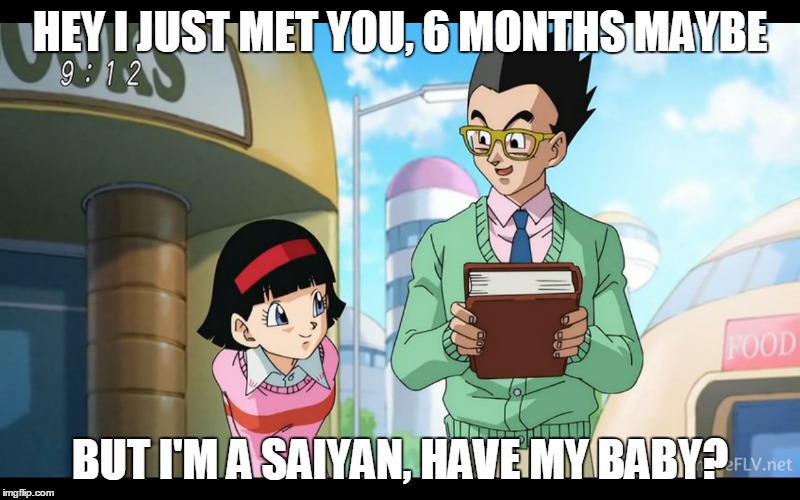 Wrap it up, Gohan. Jeez. | HEY I JUST MET YOU, 6 MONTHS MAYBE BUT I'M A SAIYAN, HAVE MY BABY? | image tagged in dragon ball z,anime,memes | made w/ Imgflip meme maker