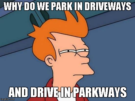 Futurama Fry Meme | WHY DO WE PARK IN DRIVEWAYS AND DRIVE IN PARKWAYS | image tagged in memes,futurama fry | made w/ Imgflip meme maker