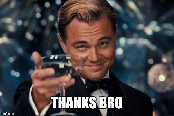 Leonardo Dicaprio Cheers Meme | THANKS BRO | image tagged in memes,leonardo dicaprio cheers | made w/ Imgflip meme maker