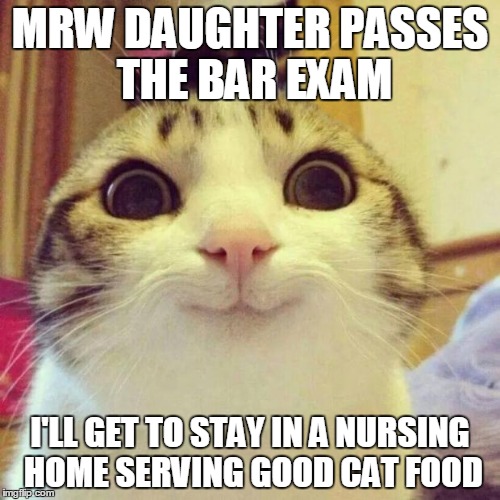 this just happened | MRW DAUGHTER PASSES THE BAR EXAM I'LL GET TO STAY IN A NURSING HOME SERVING GOOD CAT FOOD | image tagged in memes,smiling cat | made w/ Imgflip meme maker