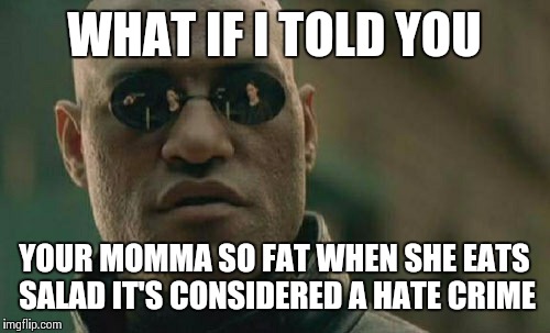 WHAT IF I TOLD YOU YOUR MOMMA SO FAT WHEN SHE EATS SALAD IT'S CONSIDERED A HATE CRIME | image tagged in memes,matrix morpheus | made w/ Imgflip meme maker