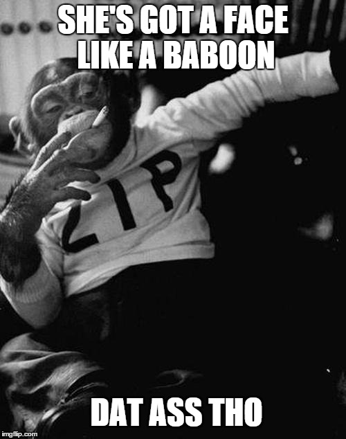 smoking monkey  | SHE'S GOT A FACE LIKE A BABOON DAT ASS THO | image tagged in smoking monkey  | made w/ Imgflip meme maker