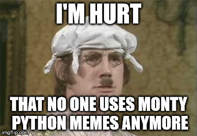 Monty Python brain hurt | I'M HURT THAT NO ONE USES MONTY PYTHON MEMES ANYMORE | image tagged in monty python brain hurt | made w/ Imgflip meme maker