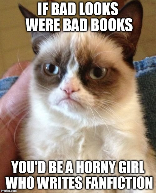 Grumpy Cat | IF BAD LOOKS WERE BAD BOOKS YOU'D BE A HORNY GIRL WHO WRITES FANFICTION | image tagged in memes,grumpy cat | made w/ Imgflip meme maker