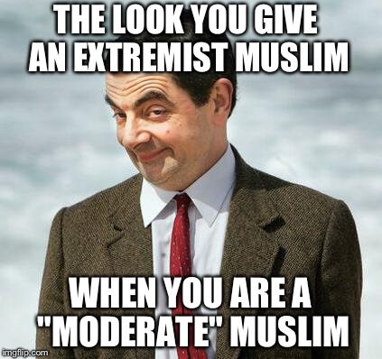 mr bean | THE LOOK YOU GIVE AN EXTREMIST MUSLIM WHEN YOU ARE A "MODERATE" MUSLIM | image tagged in mr bean | made w/ Imgflip meme maker