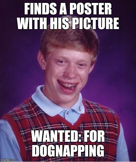 Bad Luck Brian Meme | FINDS A POSTER WITH HIS PICTURE WANTED: FOR DOGNAPPING | image tagged in memes,bad luck brian | made w/ Imgflip meme maker