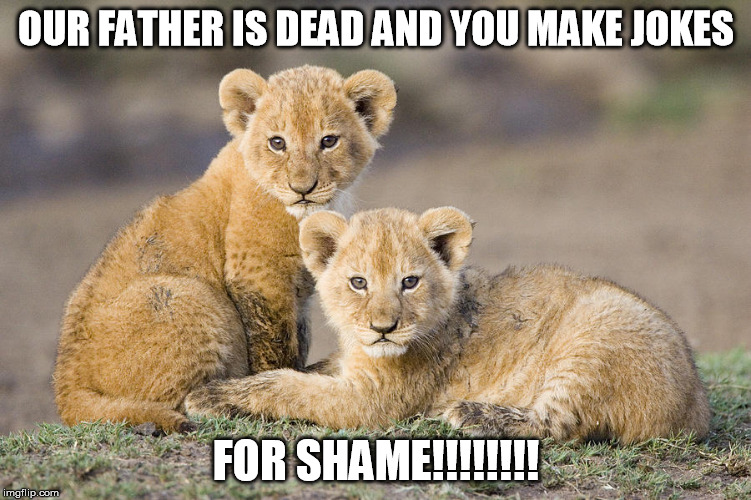 Lion cubs | OUR FATHER IS DEAD AND YOU MAKE JOKES FOR SHAME!!!!!!!! | image tagged in memes | made w/ Imgflip meme maker