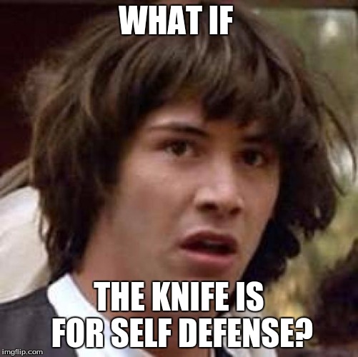 Conspiracy Keanu Meme | WHAT IF THE KNIFE IS FOR SELF DEFENSE? | image tagged in memes,conspiracy keanu | made w/ Imgflip meme maker