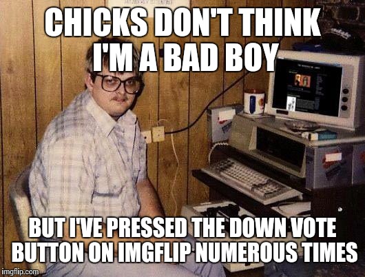computer nerd | CHICKS DON'T THINK I'M A BAD BOY BUT I'VE PRESSED THE DOWN VOTE BUTTON ON IMGFLIP NUMEROUS TIMES | image tagged in computer nerd | made w/ Imgflip meme maker