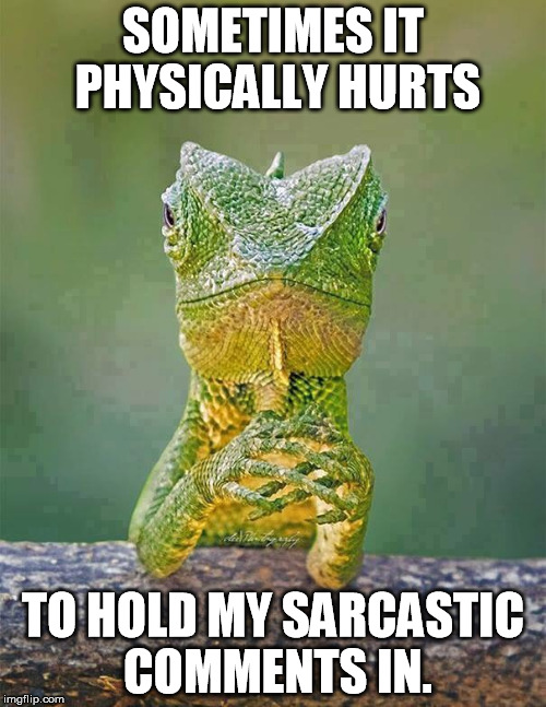 Sarcastic Lizard | SOMETIMES IT PHYSICALLY HURTS TO HOLD MY SARCASTIC COMMENTS IN. | image tagged in sarcastic lizard | made w/ Imgflip meme maker