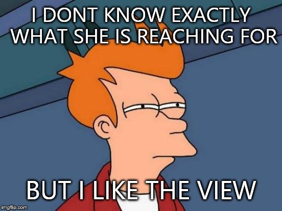 Reach over | I DONT KNOW EXACTLY WHAT SHE IS REACHING FOR BUT I LIKE THE VIEW | image tagged in memes,futurama fry | made w/ Imgflip meme maker