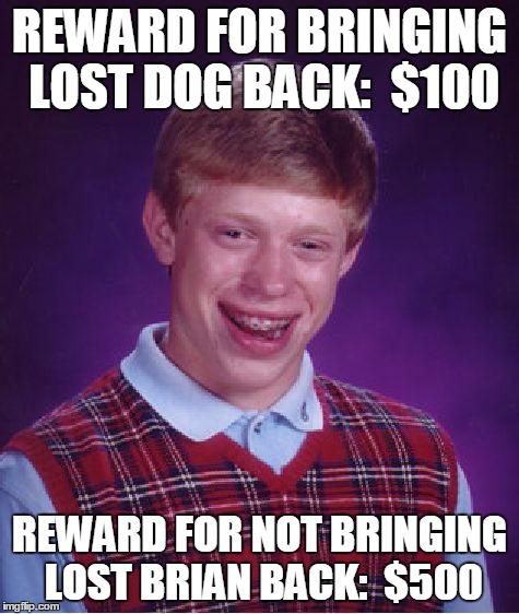 Bad Luck Brian Meme | REWARD FOR BRINGING LOST DOG BACK:  $100 REWARD FOR NOT BRINGING LOST BRIAN BACK:  $500 | image tagged in memes,bad luck brian | made w/ Imgflip meme maker