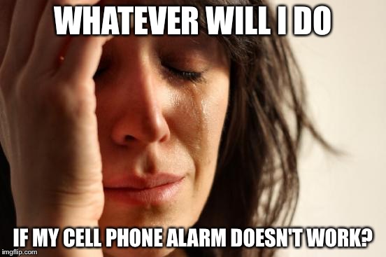 First World Problems | WHATEVER WILL I DO IF MY CELL PHONE ALARM DOESN'T WORK? | image tagged in memes,first world problems | made w/ Imgflip meme maker