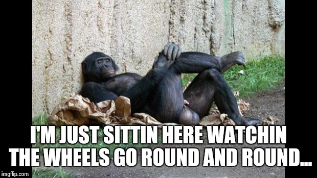 Big balls gorilla | I'M JUST SITTIN HERE WATCHIN THE WHEELS GO ROUND AND ROUND... | image tagged in big balls gorilla | made w/ Imgflip meme maker