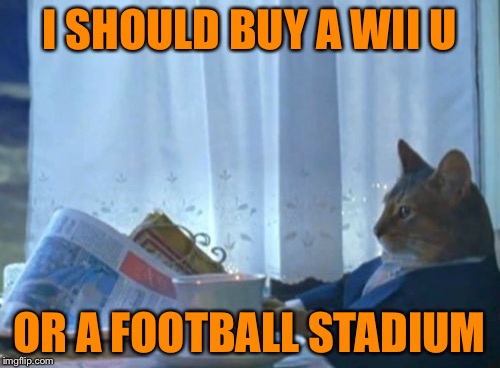 I Should Buy A Boat Cat | I SHOULD BUY A WII U OR A FOOTBALL STADIUM | image tagged in memes,i should buy a boat cat | made w/ Imgflip meme maker