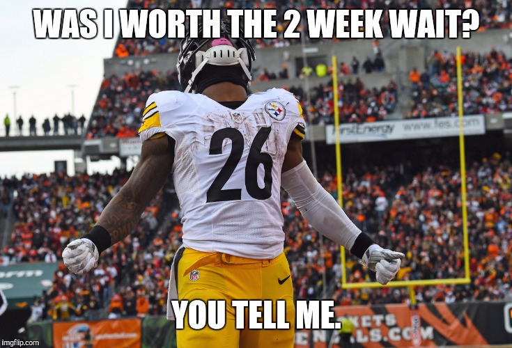 Leveon bell | WAS I WORTH THE 2 WEEK WAIT? YOU TELL ME. | image tagged in leveon,bell,steelers | made w/ Imgflip meme maker