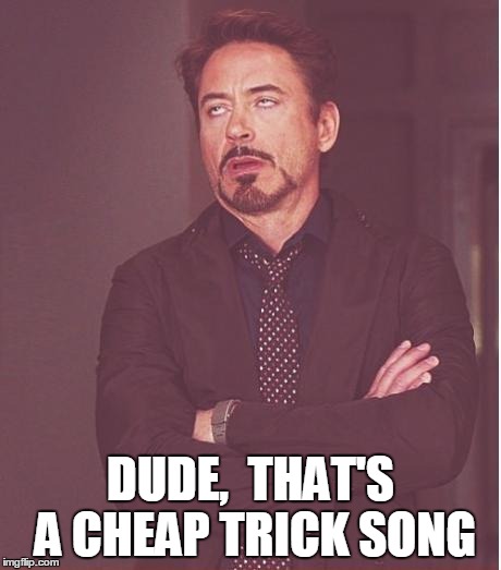 Face You Make Robert Downey Jr Meme | DUDE,  THAT'S A CHEAP TRICK SONG | image tagged in memes,face you make robert downey jr | made w/ Imgflip meme maker