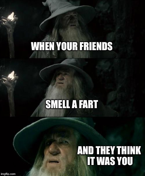 Confused Gandalf Meme | WHEN YOUR FRIENDS SMELL A FART AND THEY THINK IT WAS YOU | image tagged in memes,confused gandalf | made w/ Imgflip meme maker
