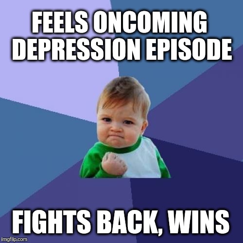 Success Kid Meme | FEELS ONCOMING DEPRESSION EPISODE FIGHTS BACK, WINS | image tagged in memes,success kid | made w/ Imgflip meme maker