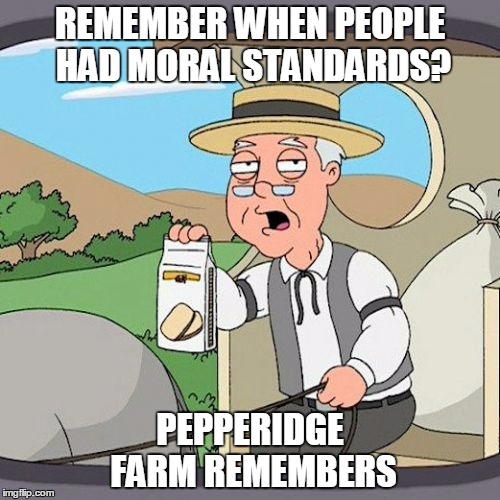 Pepperidge Farm Remembers | REMEMBER WHEN PEOPLE HAD MORAL STANDARDS? PEPPERIDGE FARM REMEMBERS | image tagged in memes,pepperidge farm remembers | made w/ Imgflip meme maker