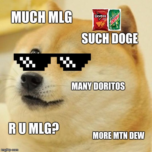 Doge | MUCH MLG SUCH DOGE MANY DORITOS R U MLG? MORE MTN DEW | image tagged in memes,doge | made w/ Imgflip meme maker