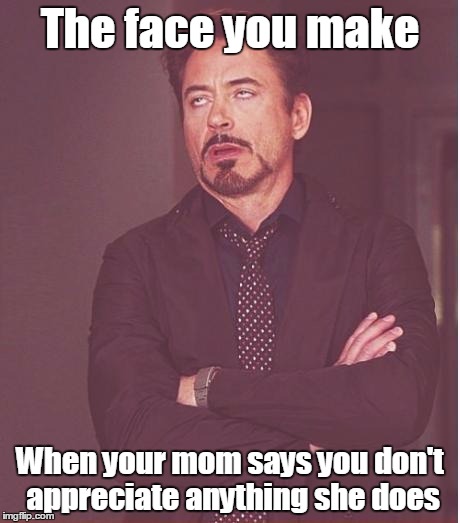 Face You Make Robert Downey Jr Meme | The face you make When your mom says you don't appreciate anything she does | image tagged in memes,face you make robert downey jr | made w/ Imgflip meme maker