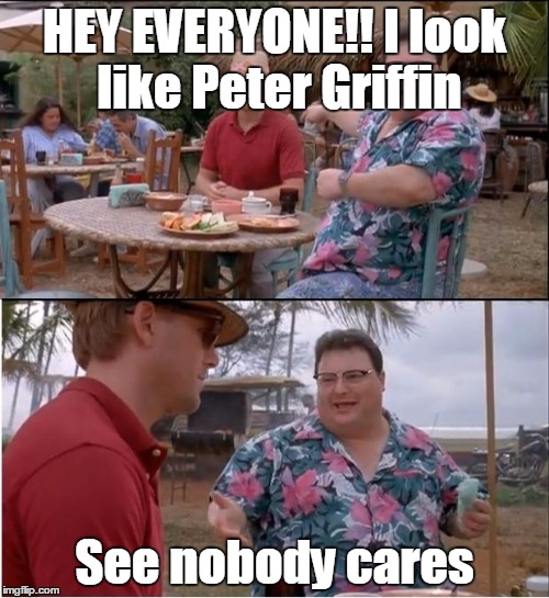 See Nobody Cares | HEY EVERYONE!! I look like Peter Griffin See nobody cares | image tagged in memes,see nobody cares | made w/ Imgflip meme maker