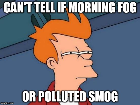 Futurama Fry | CAN'T TELL IF MORNING FOG OR POLLUTED SMOG | image tagged in memes,futurama fry,AdviceAnimals | made w/ Imgflip meme maker