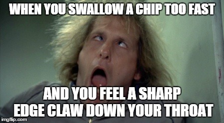 It hurts like a *beep* | WHEN YOU SWALLOW A CHIP TOO FAST AND YOU FEEL A SHARP EDGE CLAW DOWN YOUR THROAT | image tagged in memes,scary harry | made w/ Imgflip meme maker