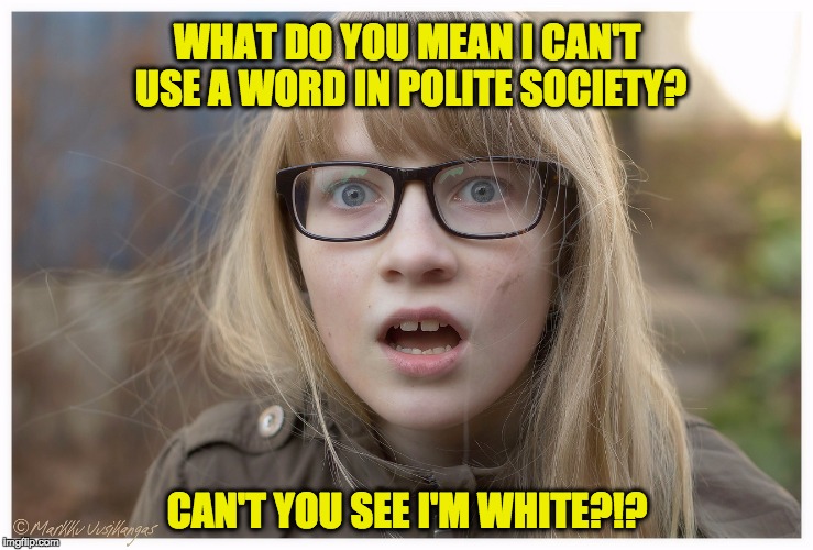 Astonished Girl | WHAT DO YOU MEAN I CAN'T USE A WORD IN POLITE SOCIETY? CAN'T YOU SEE I'M WHITE?!? | image tagged in astonished girl | made w/ Imgflip meme maker