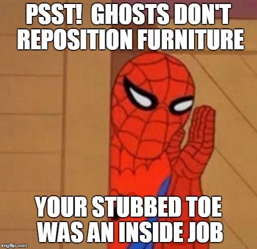 PSST!  GHOSTS DON'T REPOSITION FURNITURE YOUR STUBBED TOE WAS AN INSIDE JOB | made w/ Imgflip meme maker