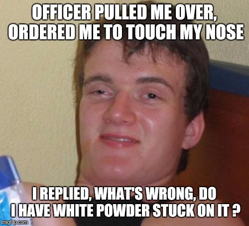 10 Guy Meme | OFFICER PULLED ME OVER, ORDERED ME TO TOUCH MY NOSE I REPLIED, WHAT'S WRONG, DO I HAVE WHITE POWDER STUCK ON IT ? | image tagged in memes,10 guy | made w/ Imgflip meme maker