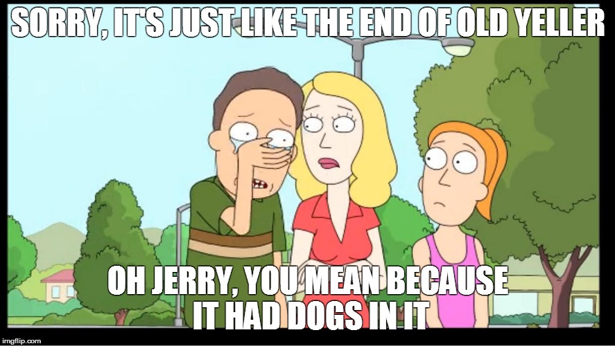 SORRY, IT'S JUST LIKE THE END OF OLD YELLER OH JERRY, YOU MEAN BECAUSE IT HAD DOGS IN IT | image tagged in rickandmorty | made w/ Imgflip meme maker