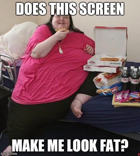 big boneded | DOES THIS SCREEN MAKE ME LOOK FAT? | image tagged in overweight pizza lady | made w/ Imgflip meme maker