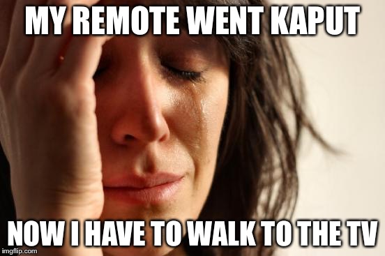 First World Problems | MY REMOTE WENT KAPUT NOW I HAVE TO WALK TO THE TV | image tagged in memes,first world problems | made w/ Imgflip meme maker