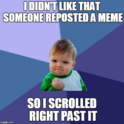 Perhaps some of you boring us with your complaints about reposts should try this novel idea | I DIDN'T LIKE THAT SOMEONE REPOSTED A MEME SO I SCROLLED RIGHT PAST IT | image tagged in memes,success kid,imgflip | made w/ Imgflip meme maker