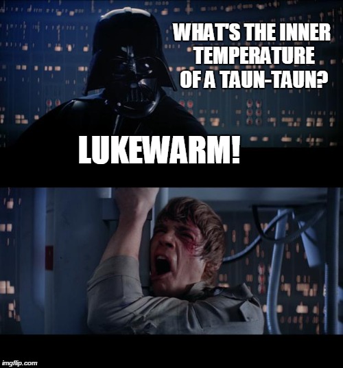 Star Wars No Meme | WHAT'S THE INNER TEMPERATURE OF A TAUN-TAUN? LUKEWARM! | image tagged in memes,star wars no | made w/ Imgflip meme maker