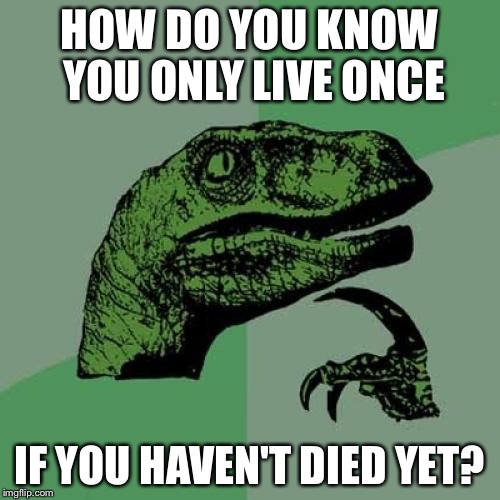 How Do You Know? | HOW DO YOU KNOW YOU ONLY LIVE ONCE IF YOU HAVEN'T DIED YET? | image tagged in memes,philosoraptor,funny | made w/ Imgflip meme maker