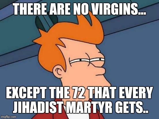 Futurama Fry Meme | THERE ARE NO VIRGINS... EXCEPT THE 72 THAT EVERY JIHADIST MARTYR GETS.. | image tagged in memes,futurama fry | made w/ Imgflip meme maker