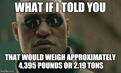 Matrix Morpheus Meme | WHAT IF I TOLD YOU THAT WOULD WEIGH APPROXIMATELY 4,395 POUNDS OR 2.19 TONS | image tagged in memes,matrix morpheus | made w/ Imgflip meme maker