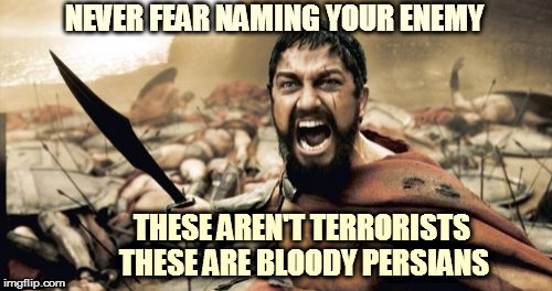 Sparta Leonidas Meme | NEVER FEAR NAMING YOUR ENEMY THESE AREN'T TERRORISTS THESE ARE BLOODY PERSIANS | image tagged in memes,sparta leonidas | made w/ Imgflip meme maker