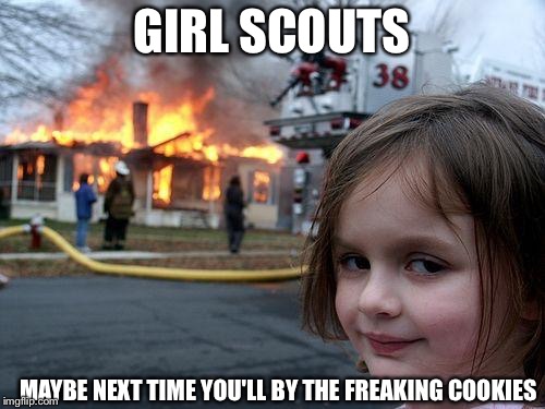 Waiting On Some Grammar Nazis | GIRL SCOUTS MAYBE NEXT TIME YOU'LL BY THE FREAKING COOKIES | image tagged in memes,disaster girl | made w/ Imgflip meme maker