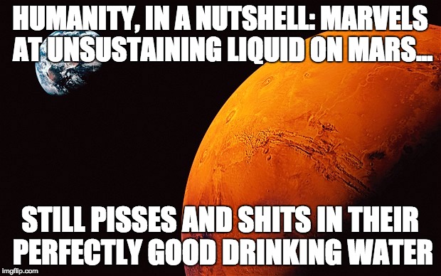 HUMANITY, IN A NUTSHELL: MARVELS AT UNSUSTAINING LIQUID ON MARS... STILL PISSES AND SHITS IN THEIR PERFECTLY GOOD DRINKING WATER | image tagged in mars | made w/ Imgflip meme maker