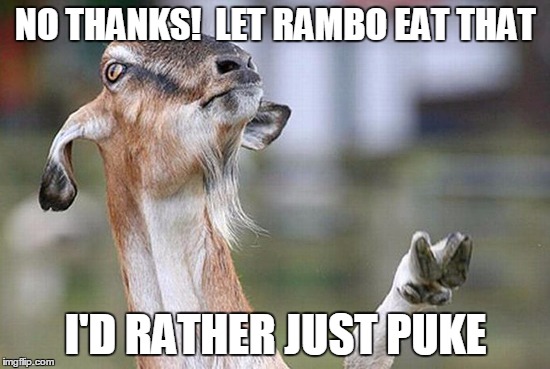 This one's for you, Evilmandoevil :)  problem solved! | NO THANKS!  LET RAMBO EAT THAT I'D RATHER JUST PUKE | image tagged in billy goat no thanks,rambo,first blood,movies,quotes | made w/ Imgflip meme maker