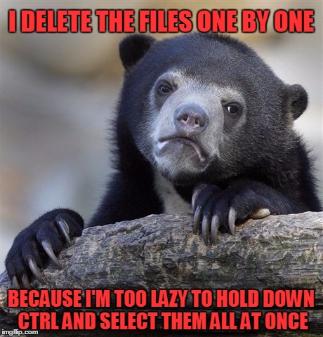 Confession Bear | I DELETE THE FILES ONE BY ONE BECAUSE I'M TOO LAZY TO HOLD DOWN CTRL AND SELECT THEM ALL AT ONCE | image tagged in memes,confession bear | made w/ Imgflip meme maker