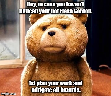 TED | Hey, in case you haven't noticed your not Flash Gordon. 1st plan your work and mitigate all hazards. | image tagged in memes,ted | made w/ Imgflip meme maker