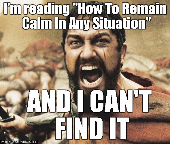 Leonidas | I'm reading "How To Remain Calm In Any Situation" AND I CAN'T FIND IT | image tagged in leonidas | made w/ Imgflip meme maker